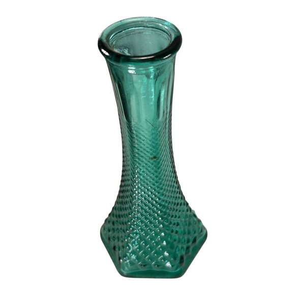 Vtg EO Brody Co Teal Blue Green Vase Glass Hexagonal Diamond Pattern 6 inch Ohio - Picture 2 of 6